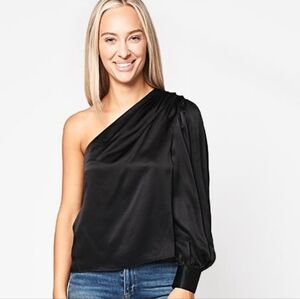 BN Frame 100% silk black one shoulder pleated long sleeve blouse